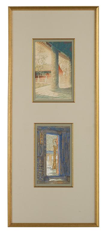 Pair of Woodblock Prints of Architectural Views by 
																	Bertha Boynton Lum